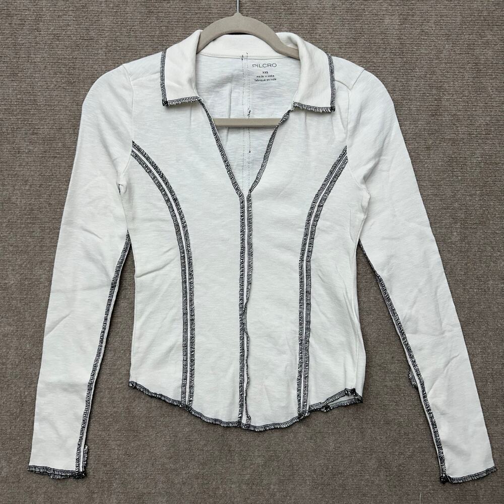 Anthropologie Pilcro Stitched Long-Sleeve Top White Black Exposed Seam XXS